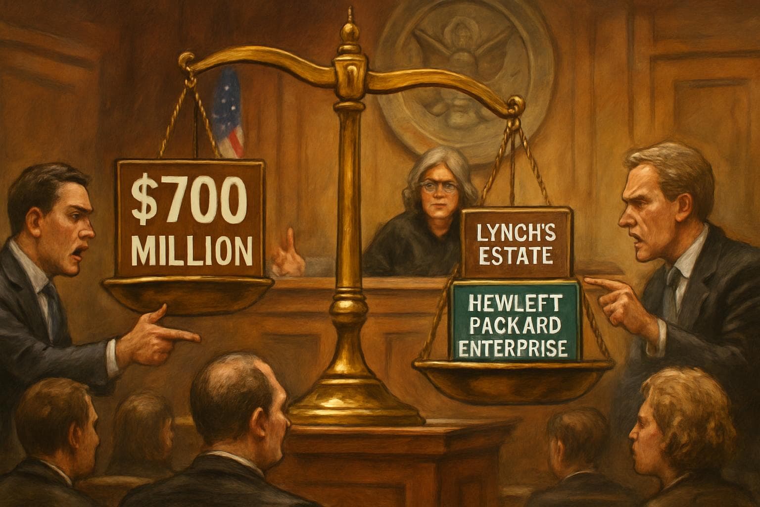 Courtroom scene with balance scale symbolizing tech acquisition dispute