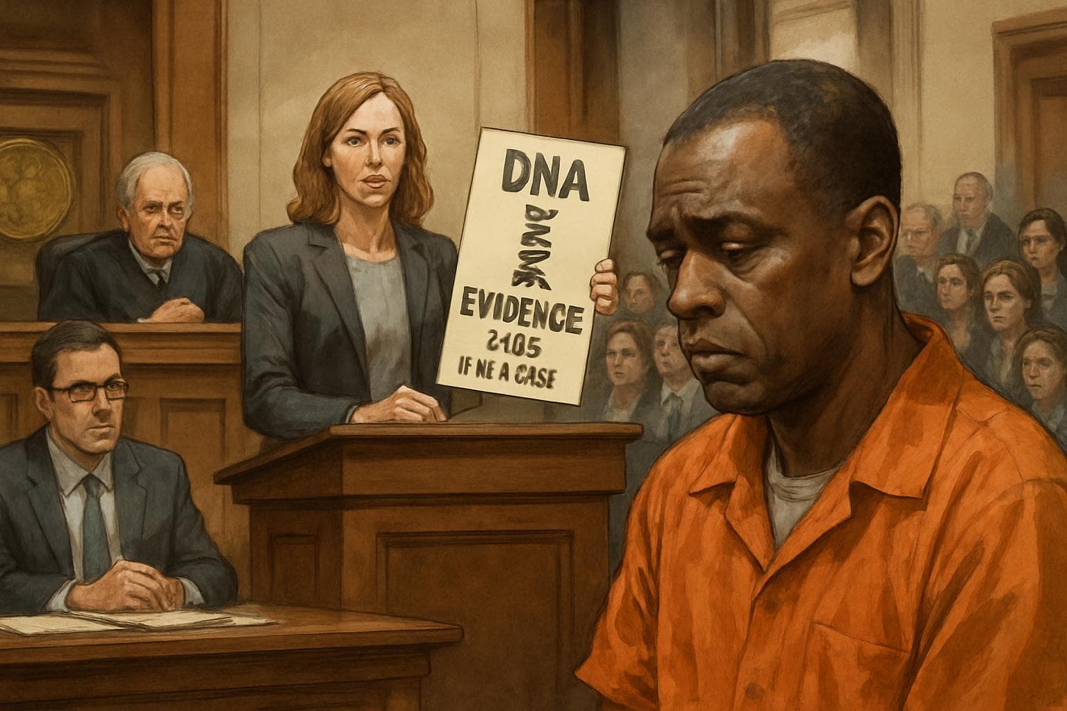 Courtroom scene with trial focusing on DNA evidence