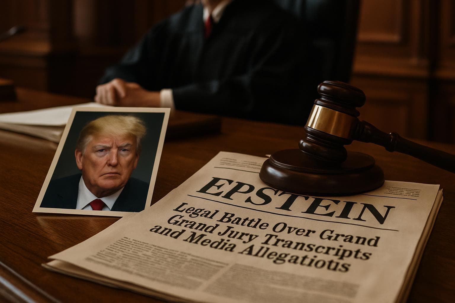 Courtroom scene with legal documents, gavel, Trump portrait, and Epstein headline