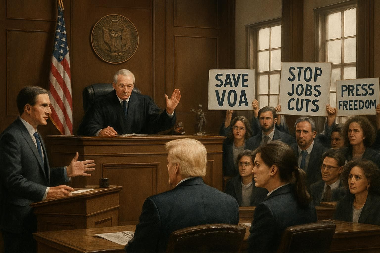 Courtroom scene with judge blocking job cuts at Voice of America