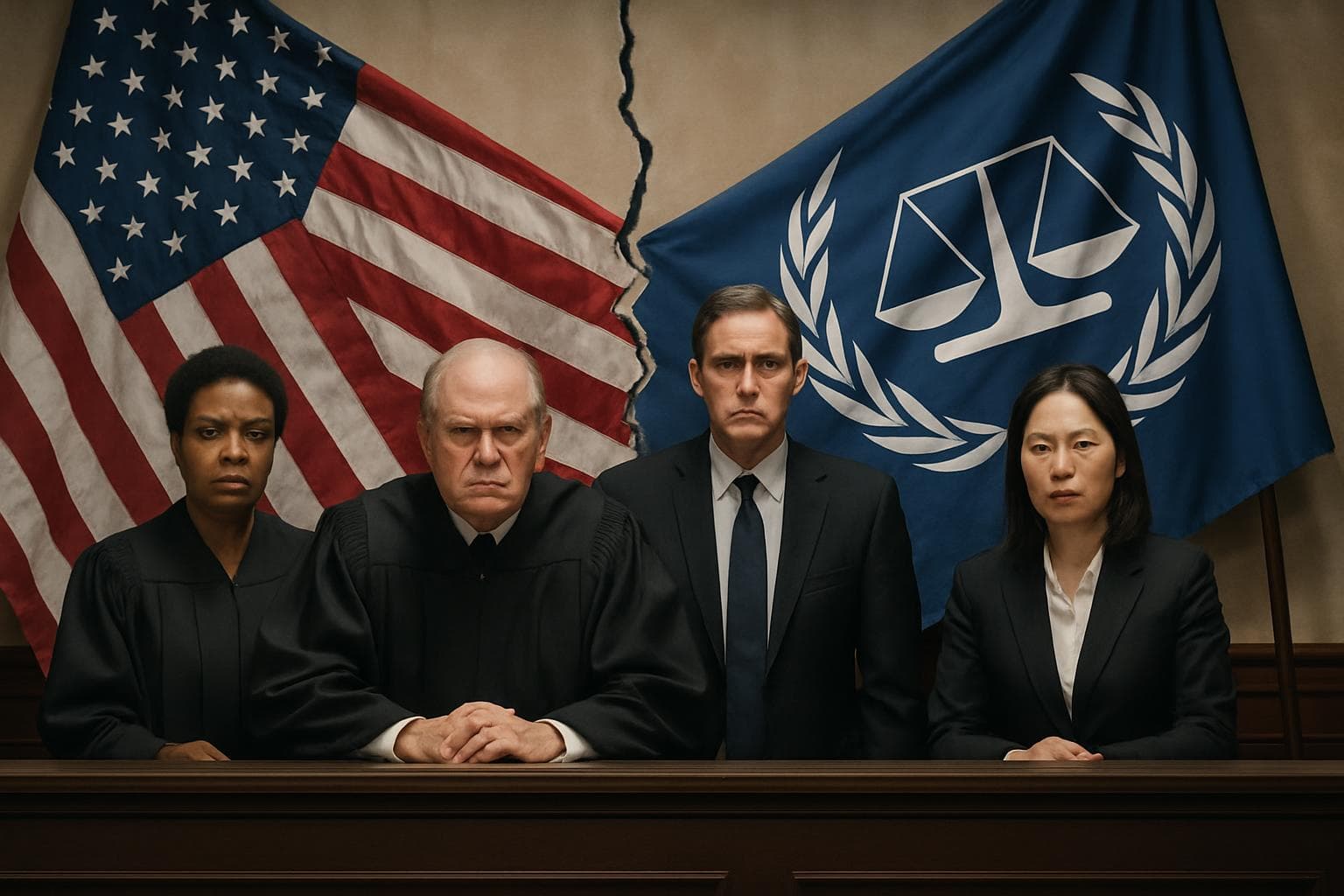 Courtroom with judges and US, ICC flags in background