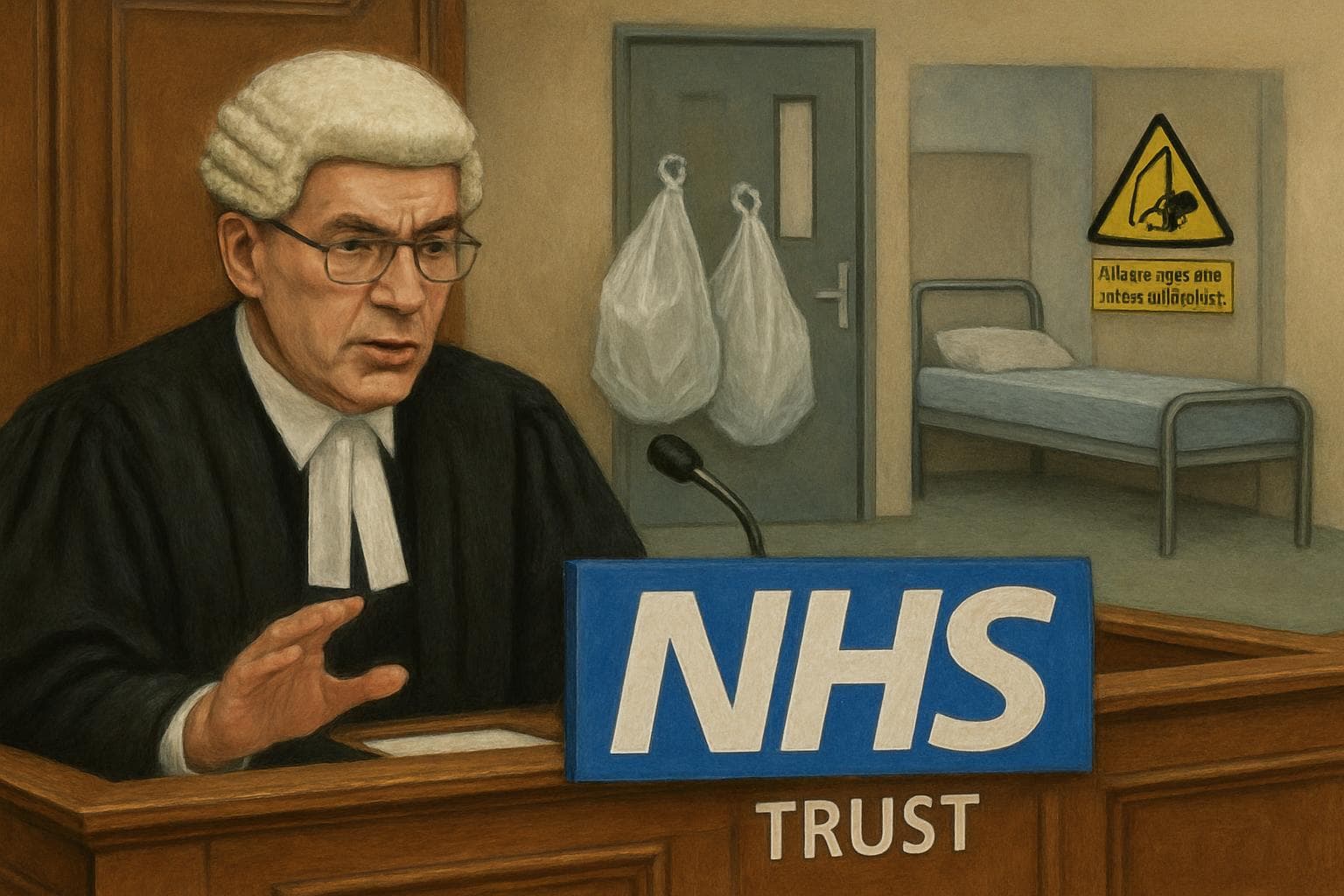 Judge delivering verdict against NHS trust with mental health ward images
