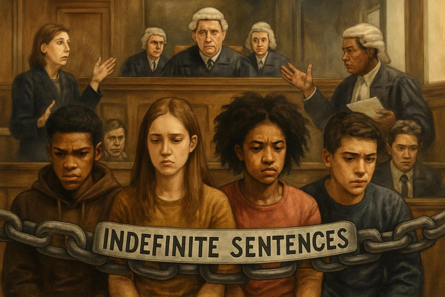 Young individuals in chains labeled 'Indefinite Sentences' in a courtroom