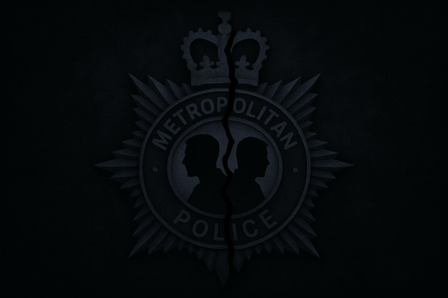 Cracked police badge with silhouettes of two men inside