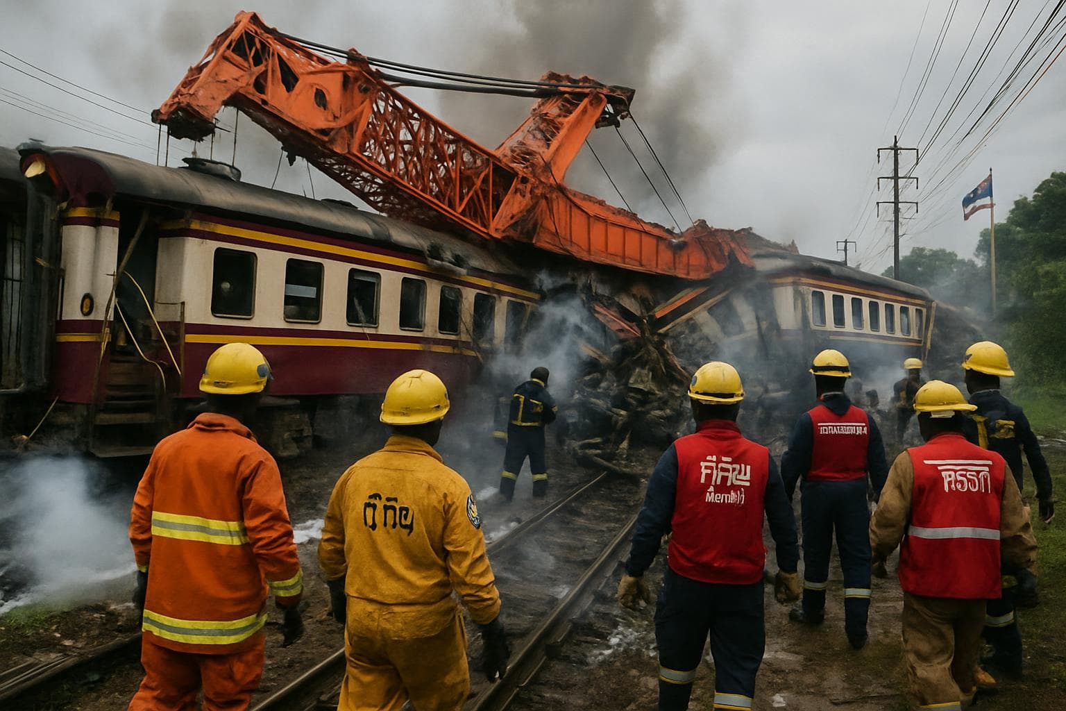Collapsed crane on derailed train in Thailand with responders