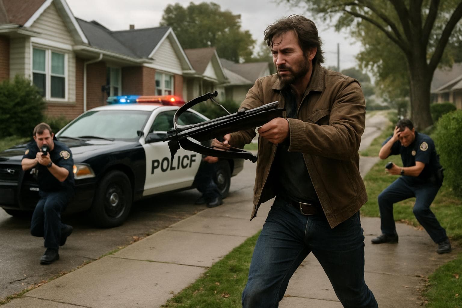 Man with crossbow in suburban area with police taking cover