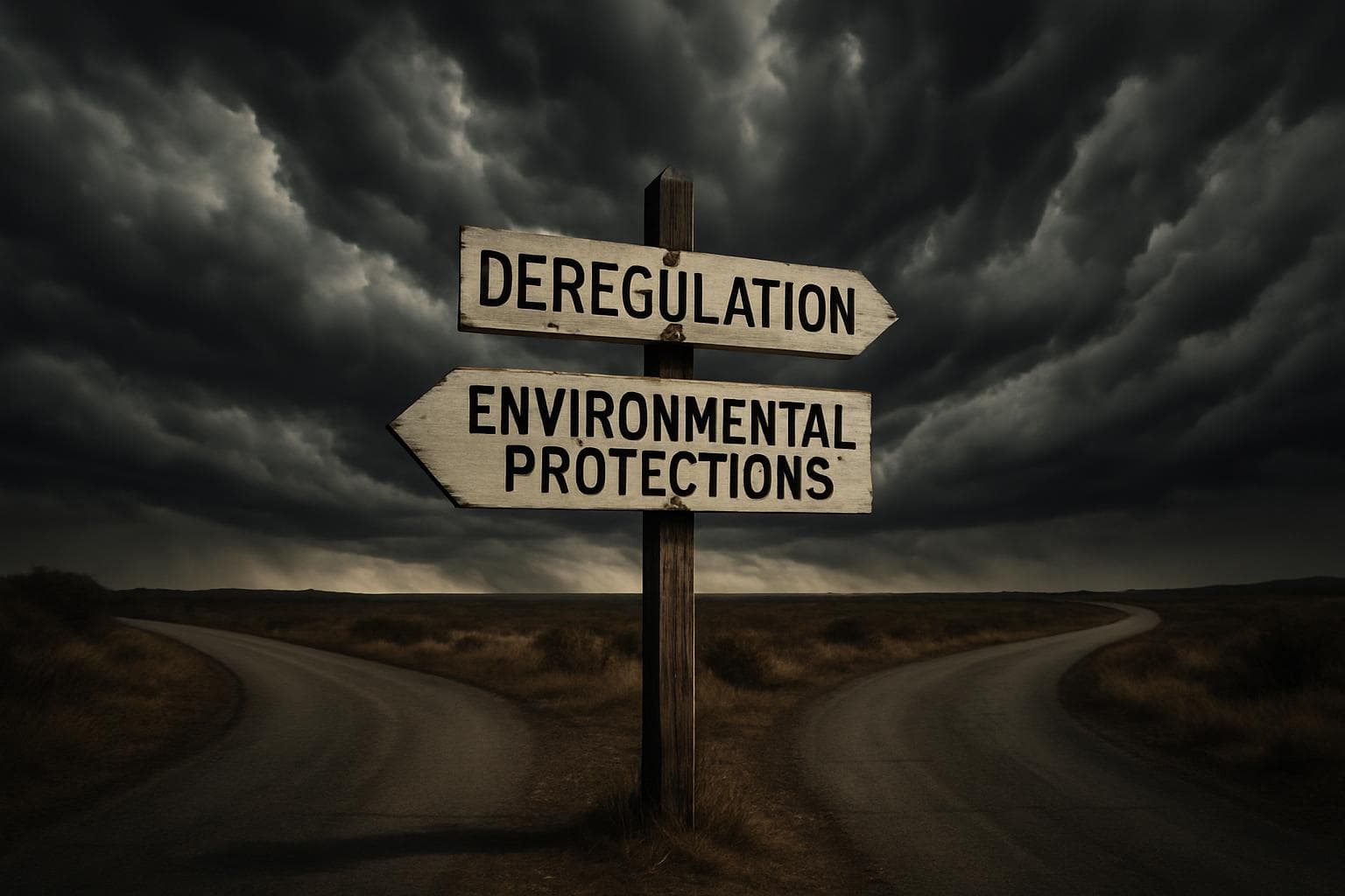 Signpost at crossroads with deregulation and environmental protections under stormy sky