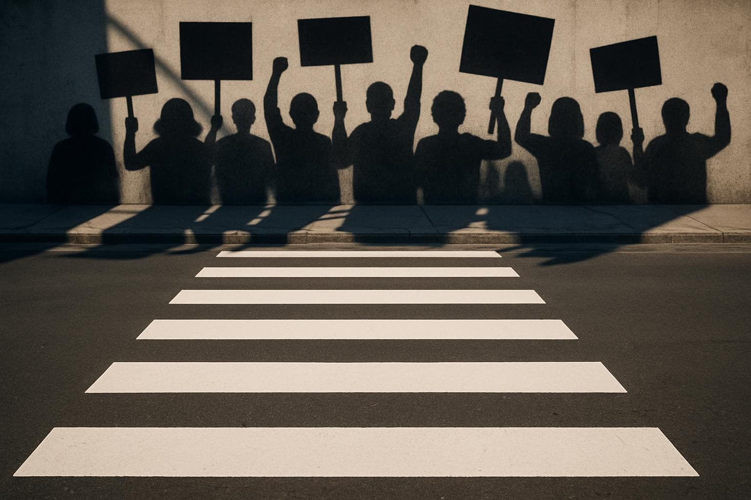 Shadowy figures protest beside a plain crosswalk.
