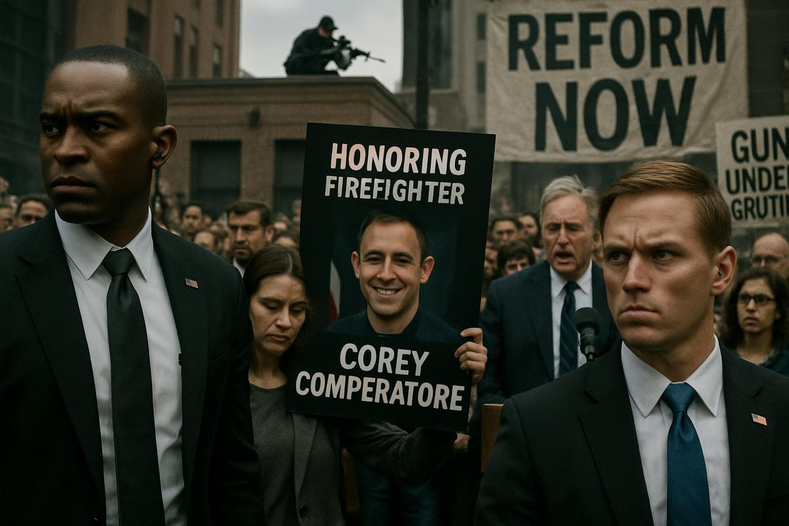 Crowded rally with security agents and rooftop gunman