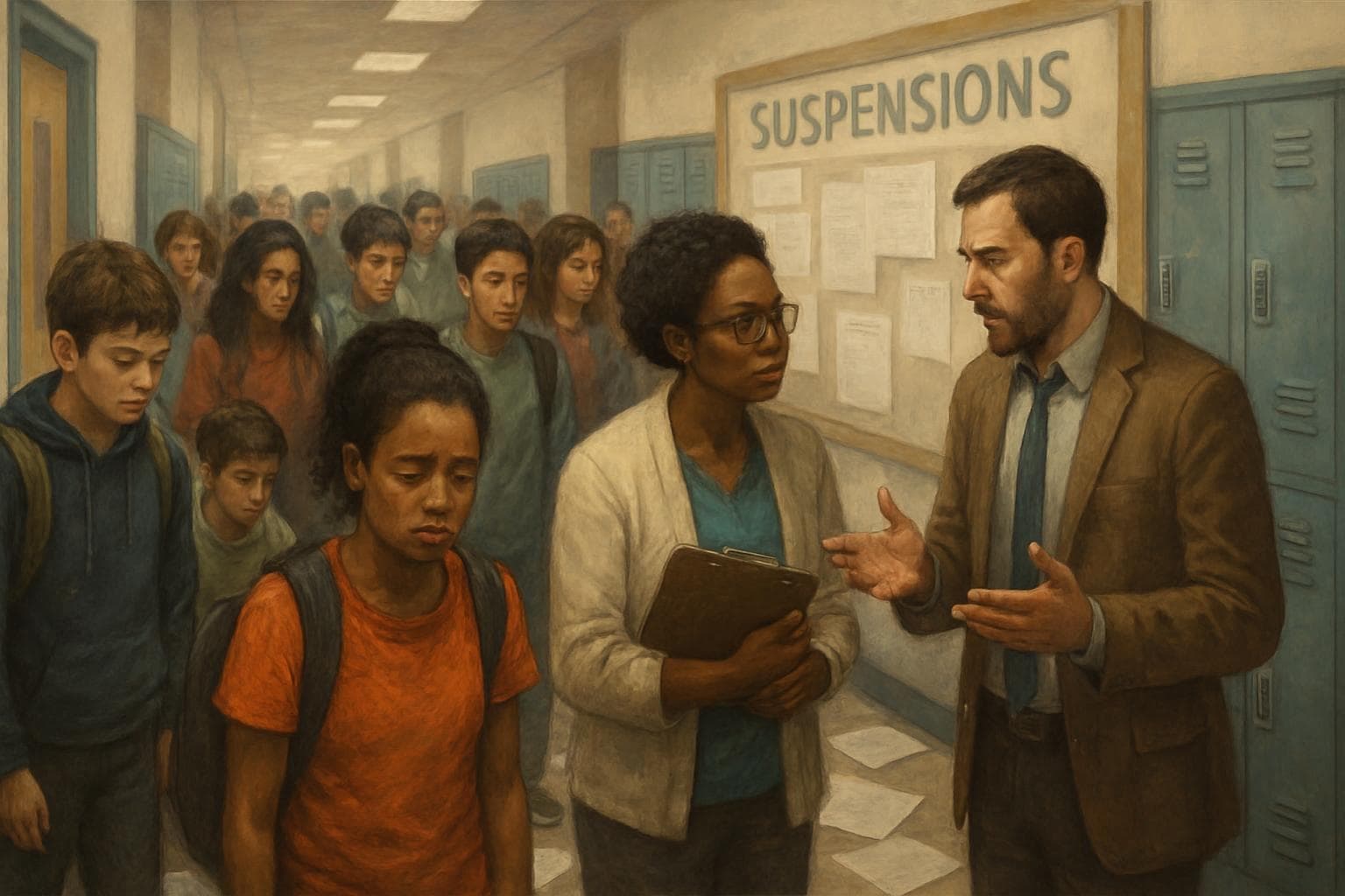 Crowded school hallway with diverse students and educators