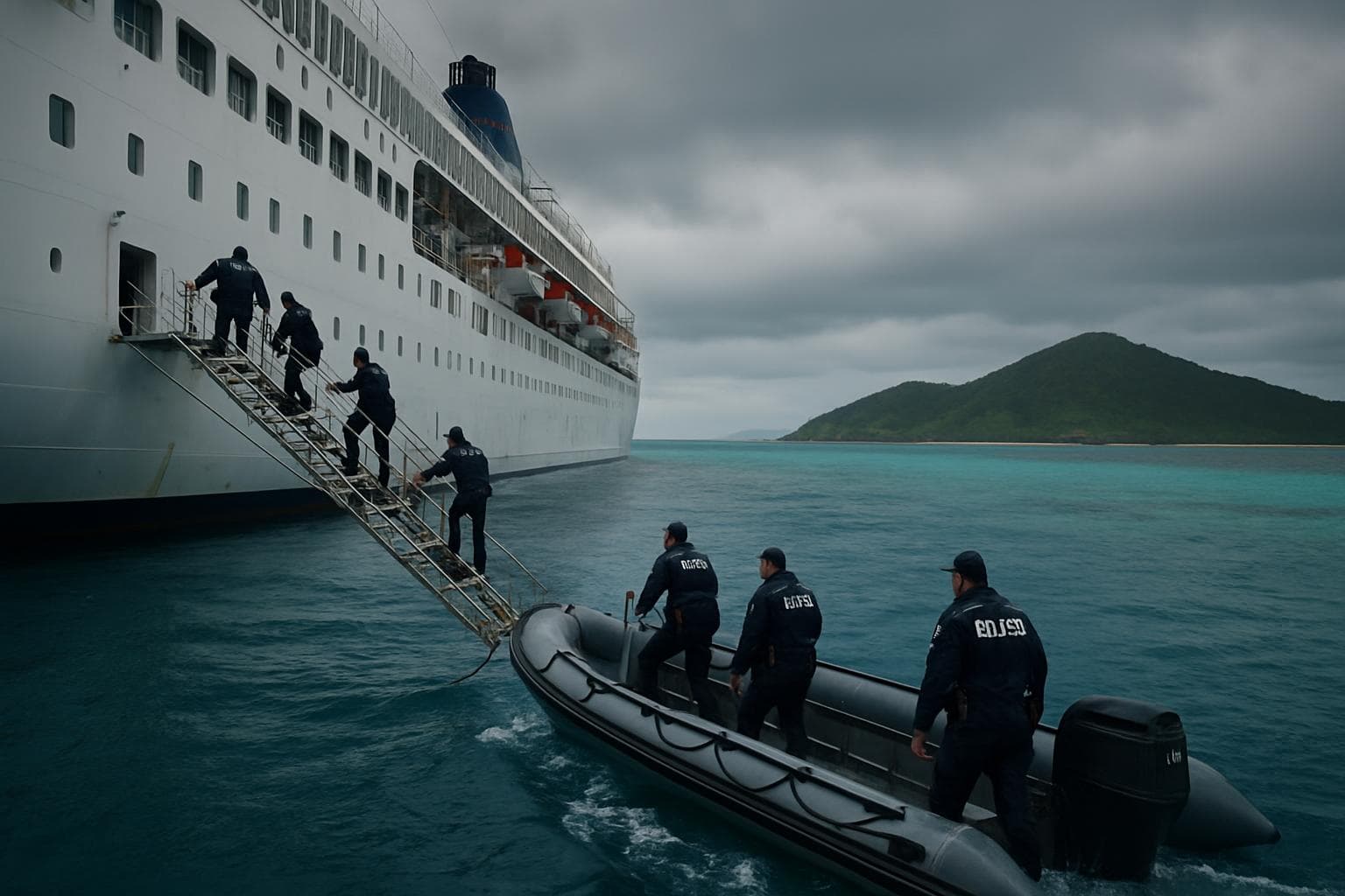 Investigators boarding a cruise ship near a remote island