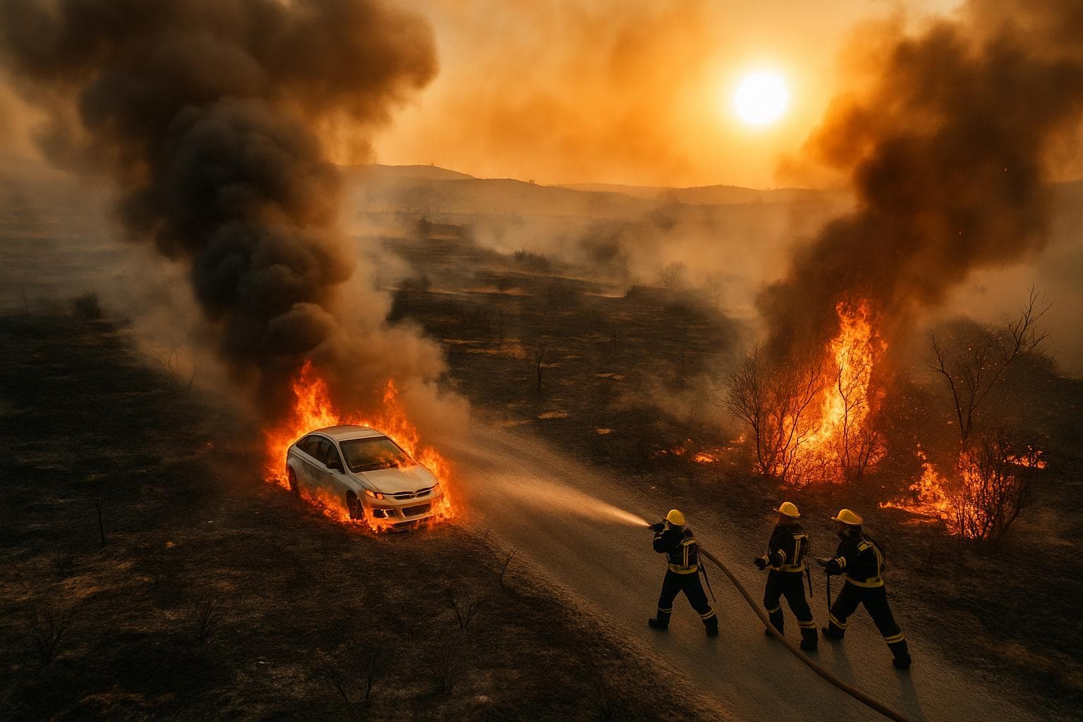 Aerial view of wildfire engulfing a car in Cyprus