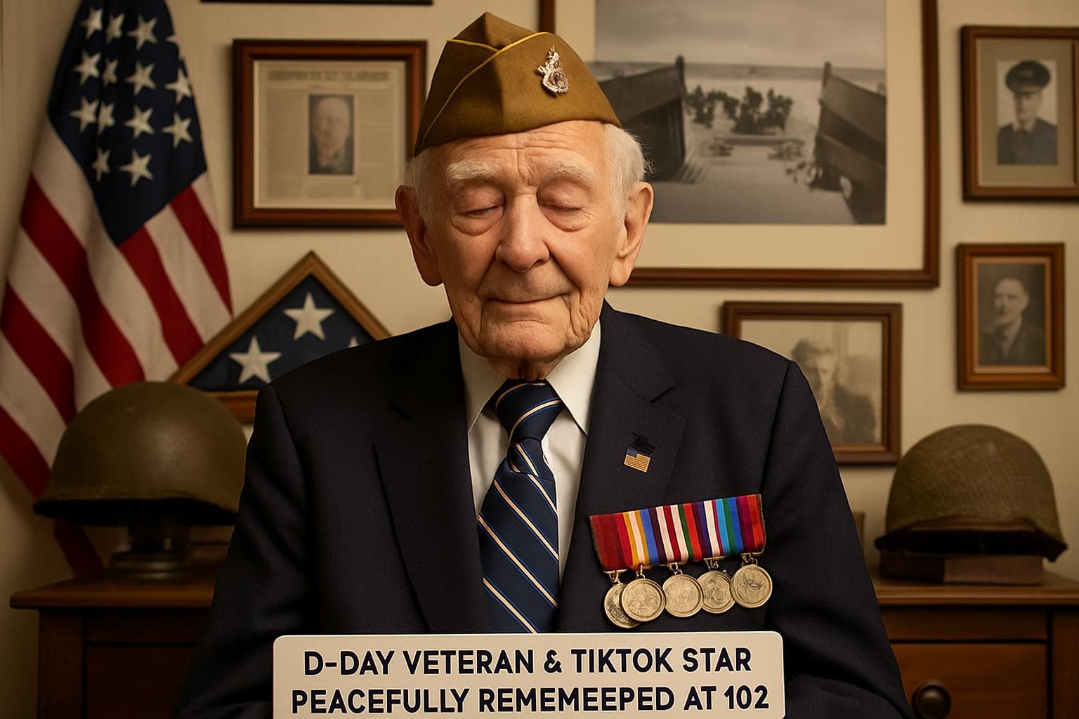 D-Day veteran sharing stories surrounded by memorabilia