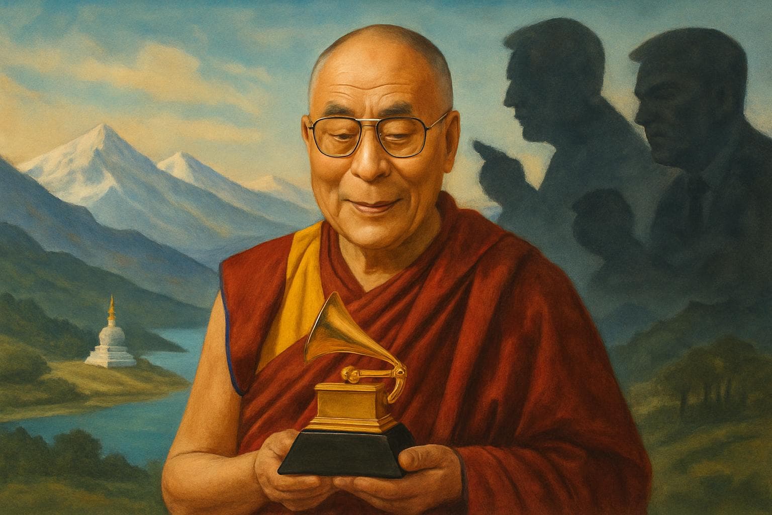 Elderly Dalai Lama holding a Grammy with Tibetan landscape
