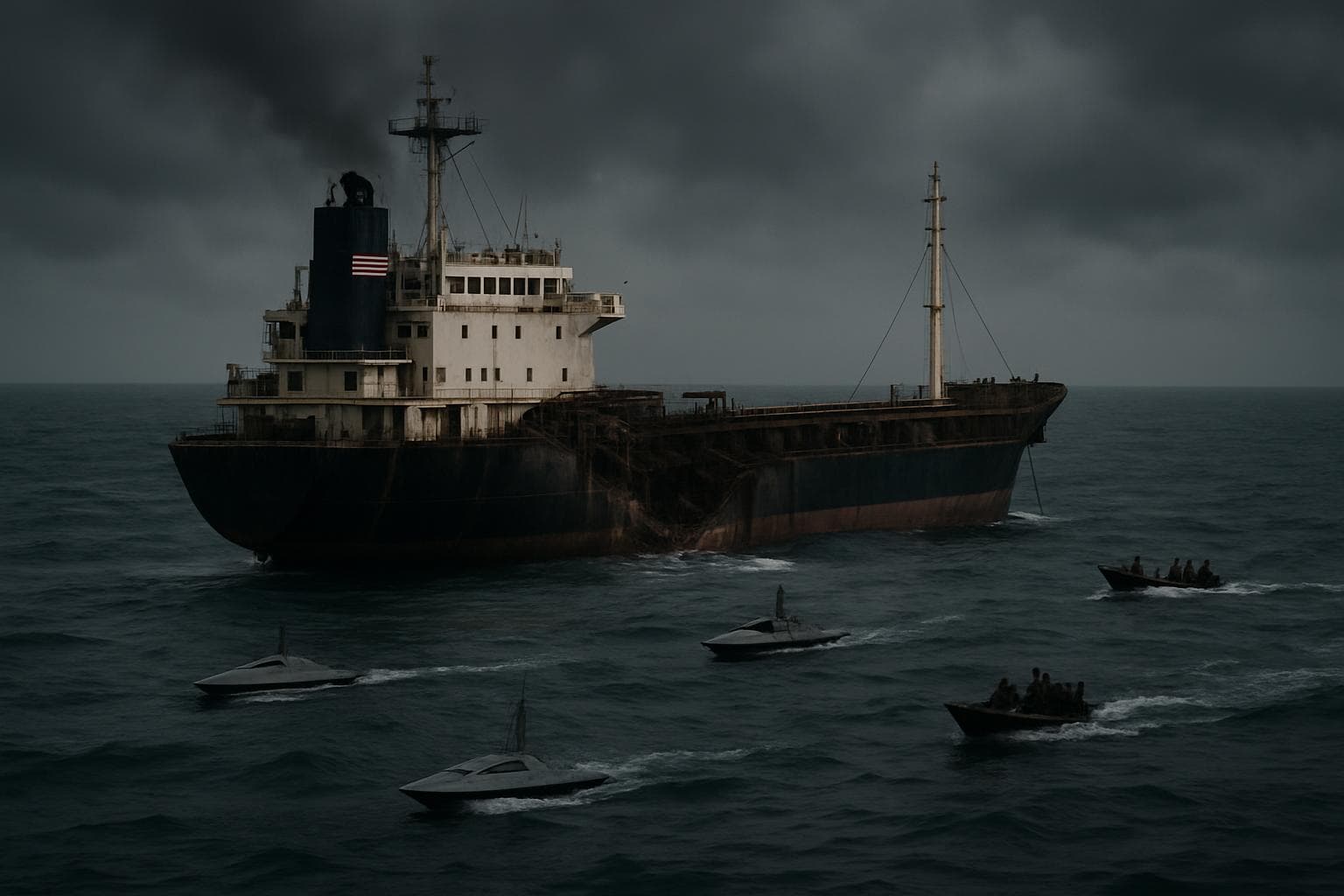 Damaged cargo ship with Liberian flag in the Red Sea