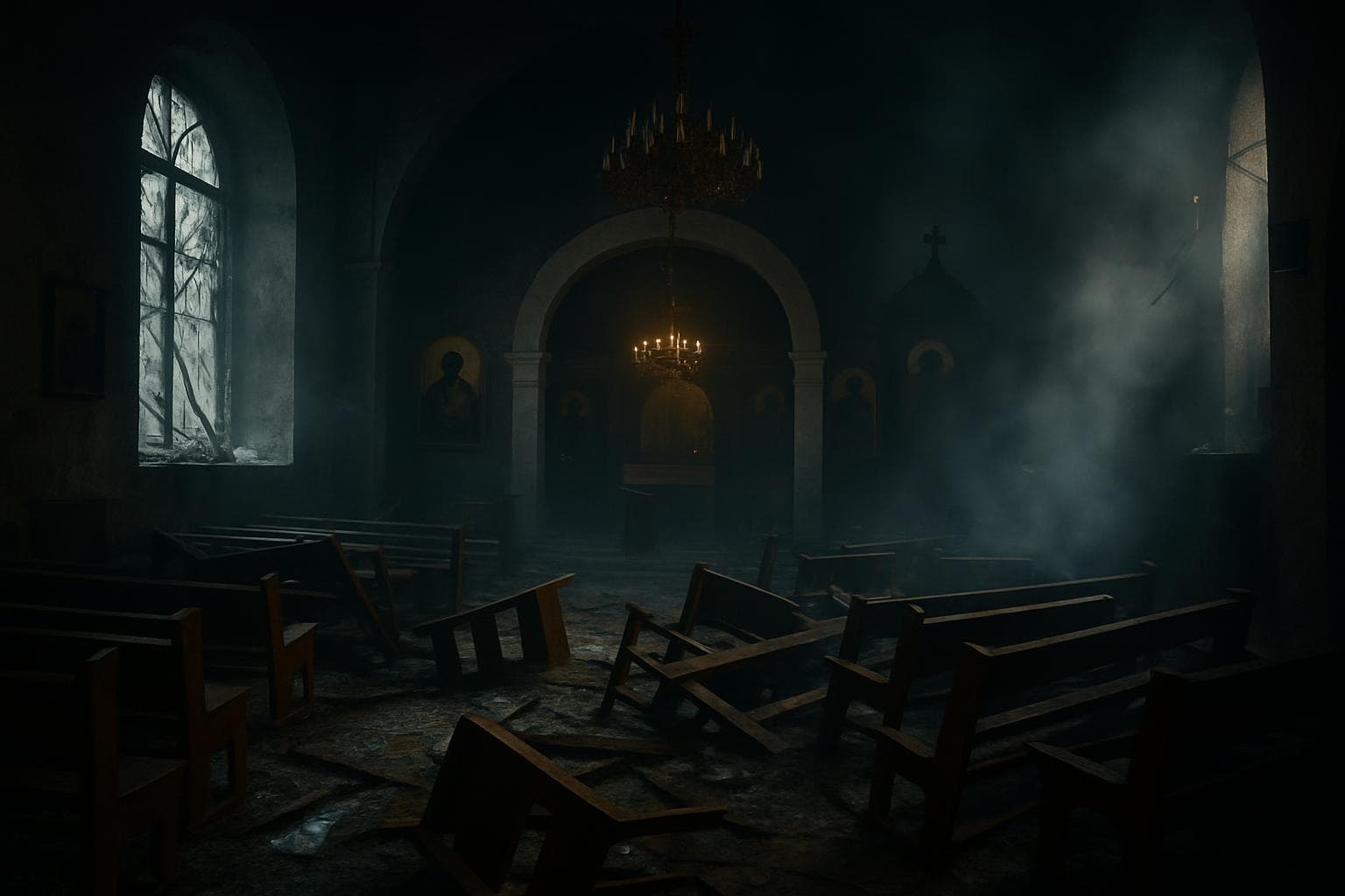 Interior of a damaged Greek Orthodox Church in Damascus