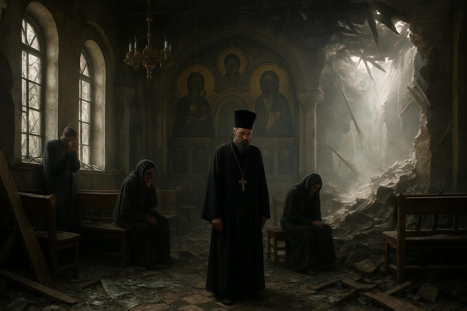 Ruined Greek Orthodox Church in Damascus with shattered glass