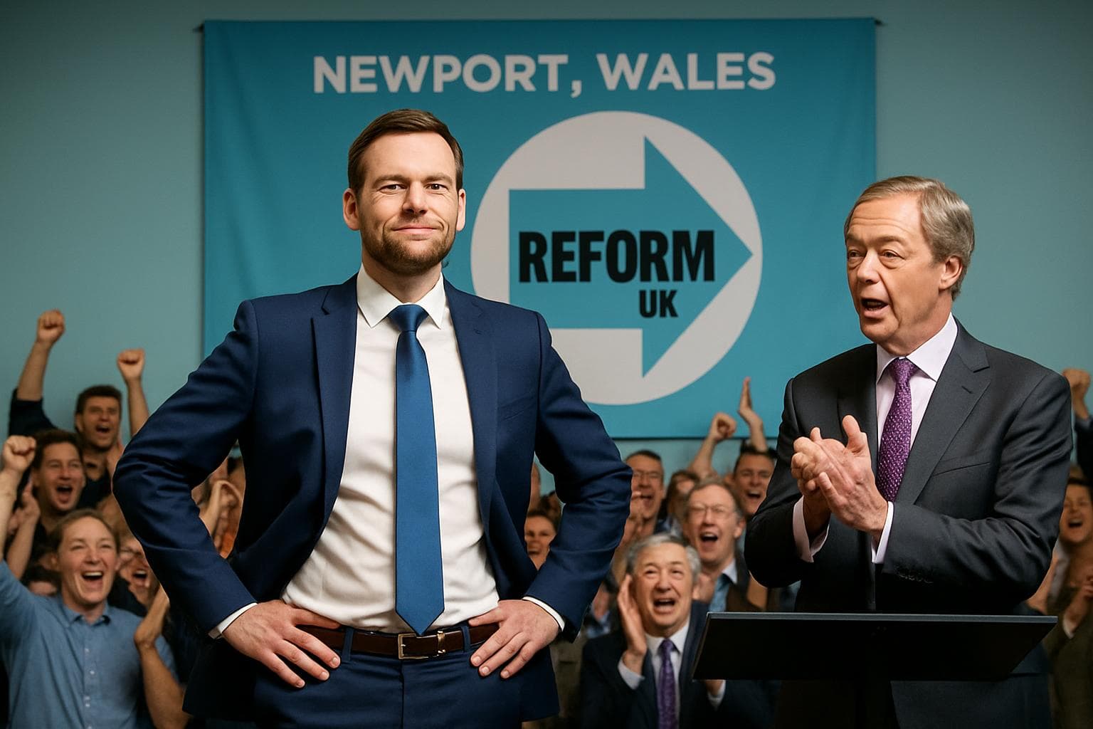 Dan Thomas stands in front of a cheering crowd in Newport