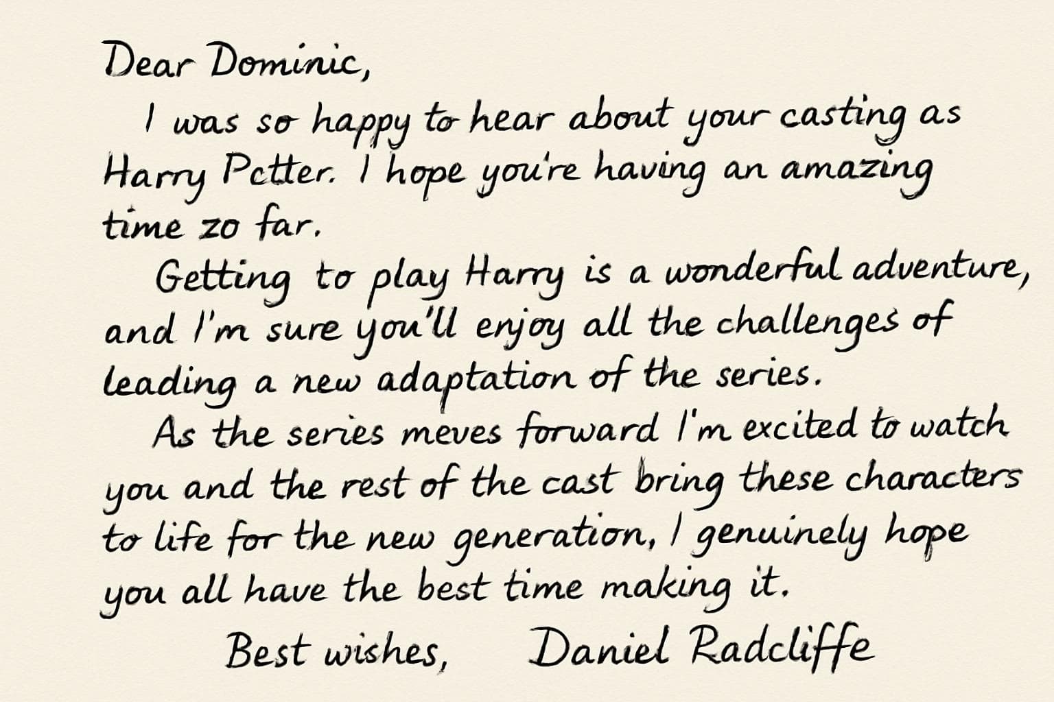 Daniel Radcliffe writes a letter to Dominic McLaughlin
