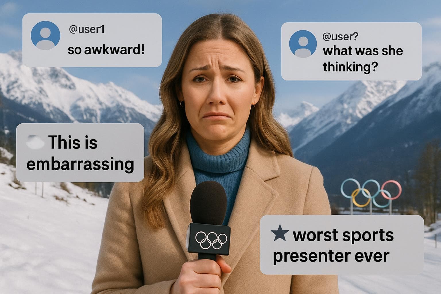 Danika Mason in front of snowy mountains with microphone