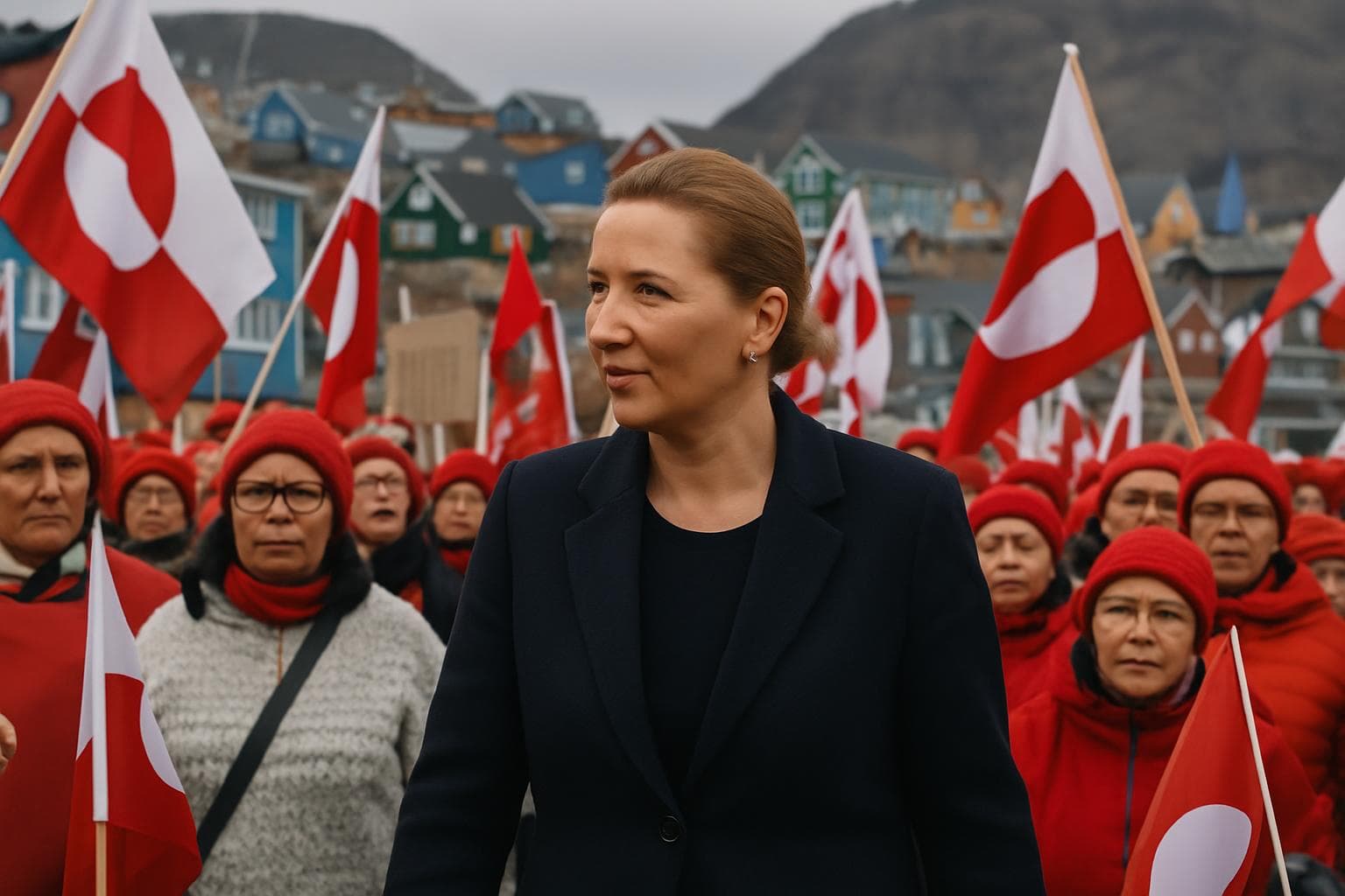 Danish Prime Minister Mette Frederiksen with protesters in Greenland