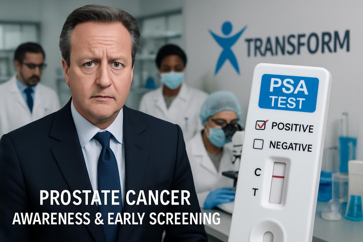 David Cameron with a PSA test kit for prostate cancer awareness