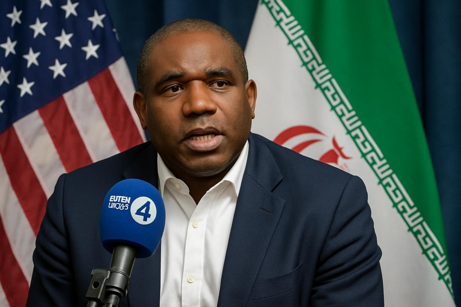 David Lammy speaking into a BBC Radio 4 microphone with US and Iranian flags behind.