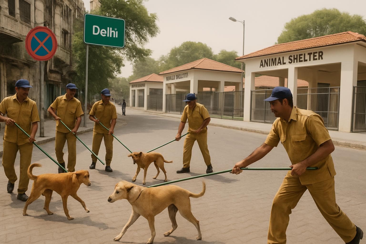Workers clearing stray dogs from Delhi streets with shelters in background