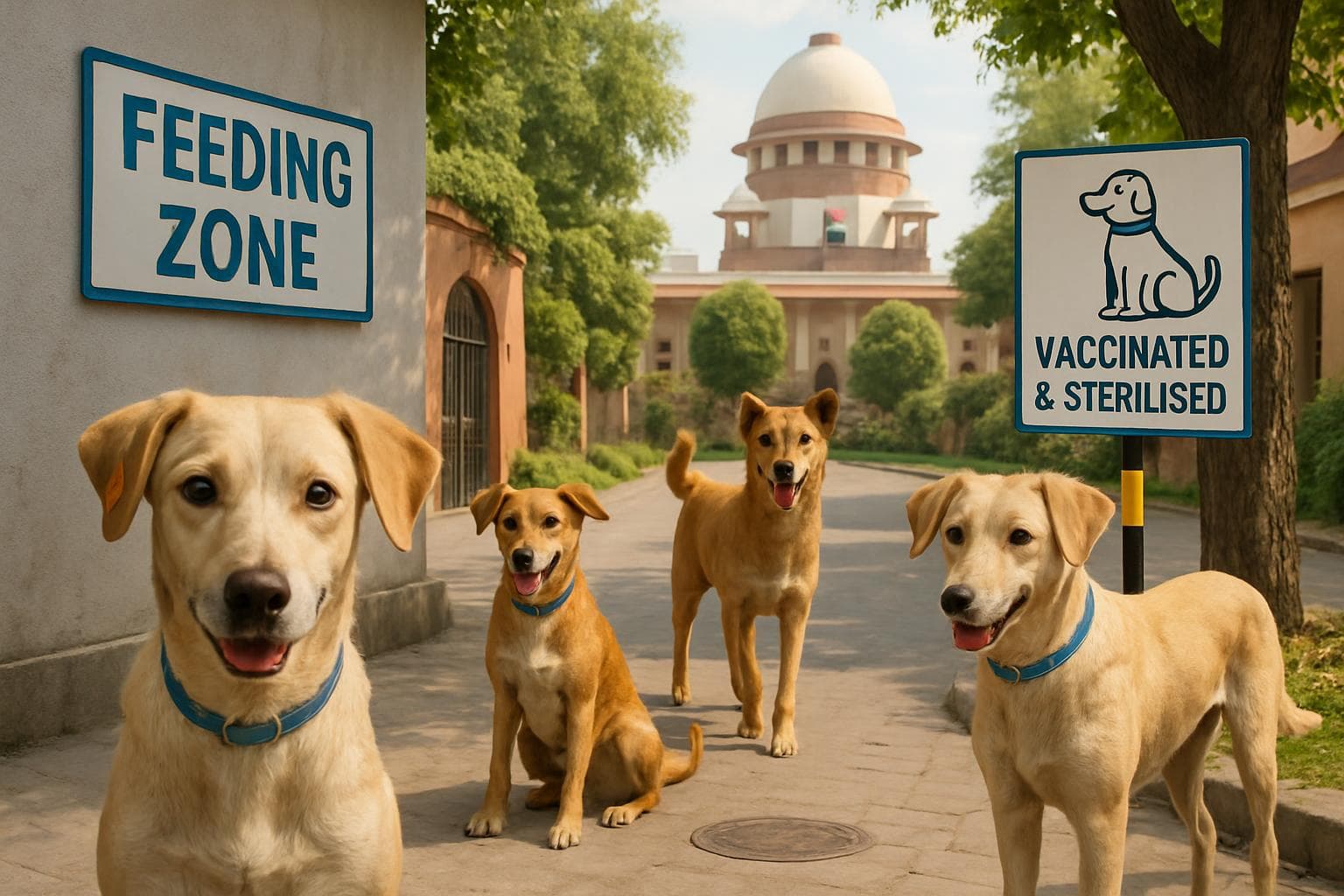 Friendly stray dogs in a peaceful Delhi street with feeding zones