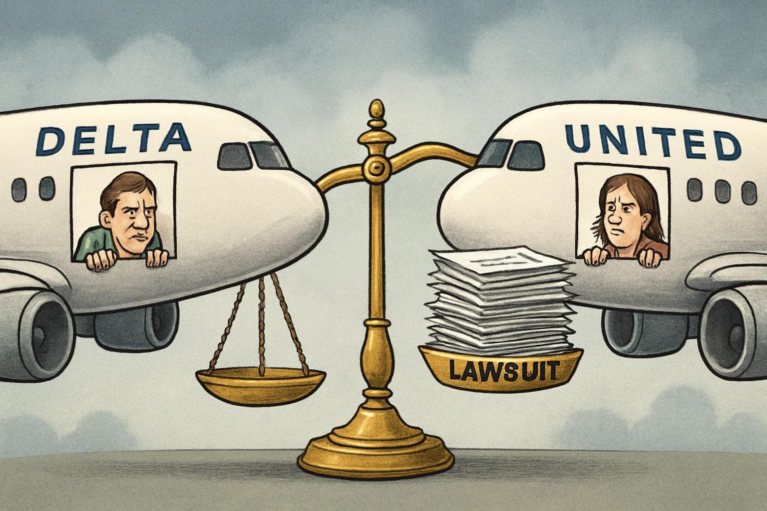 Delta and United airplanes on scales with lawsuit paperwork