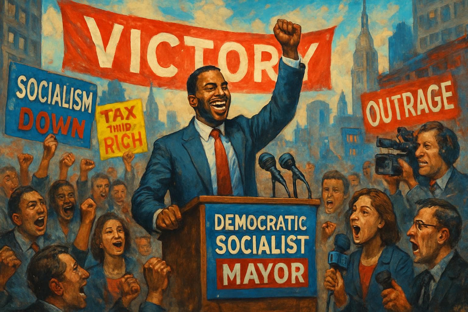 Democratic Socialist mayor speaking to a crowd in New York City