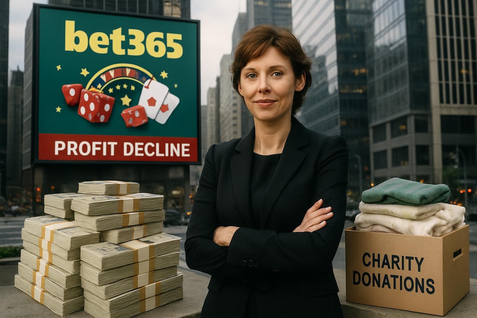Denise Coates with digital casino billboard and money stacks