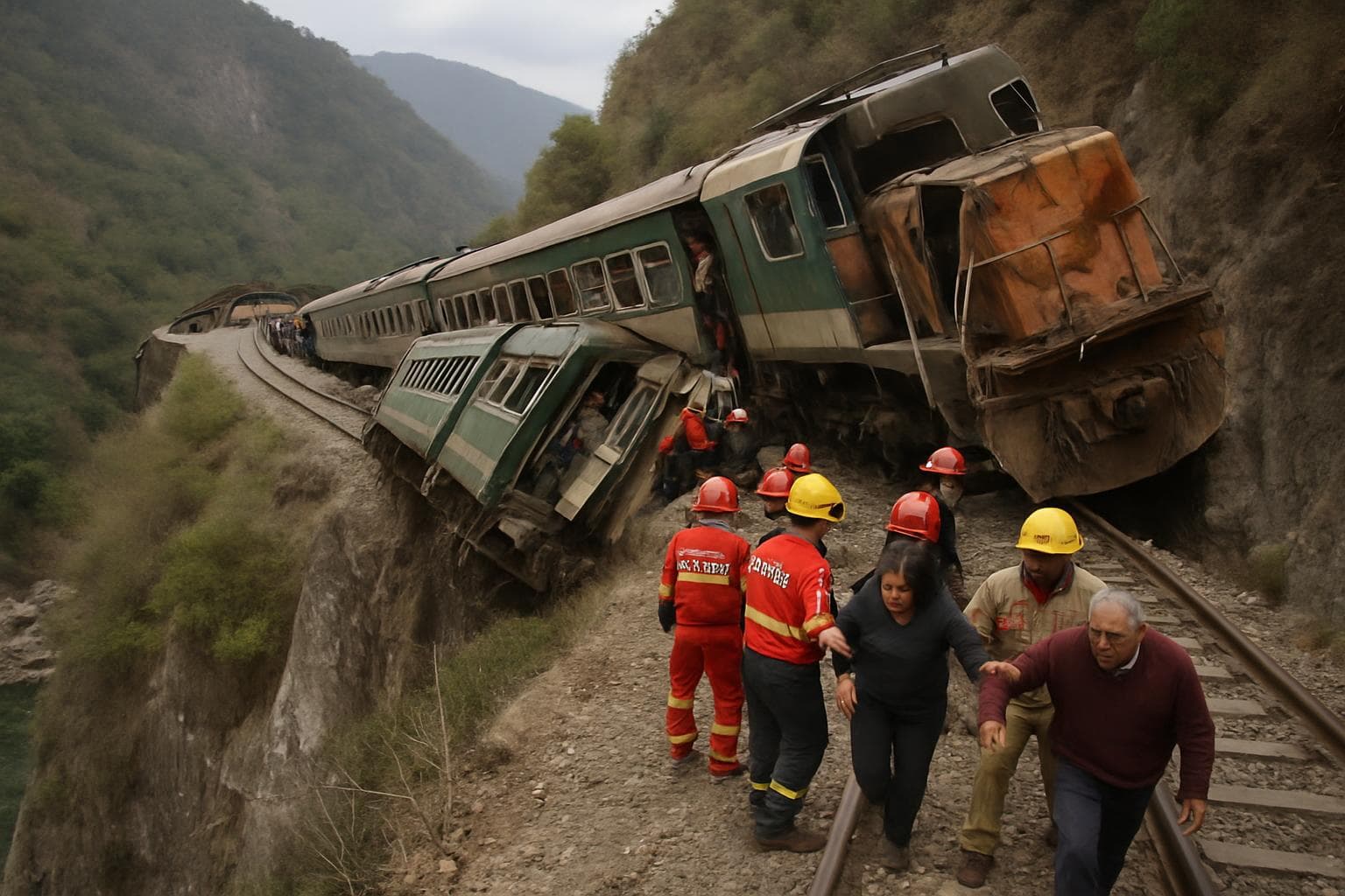 Derailed train on a mountain track with rescue workers in Oaxaca