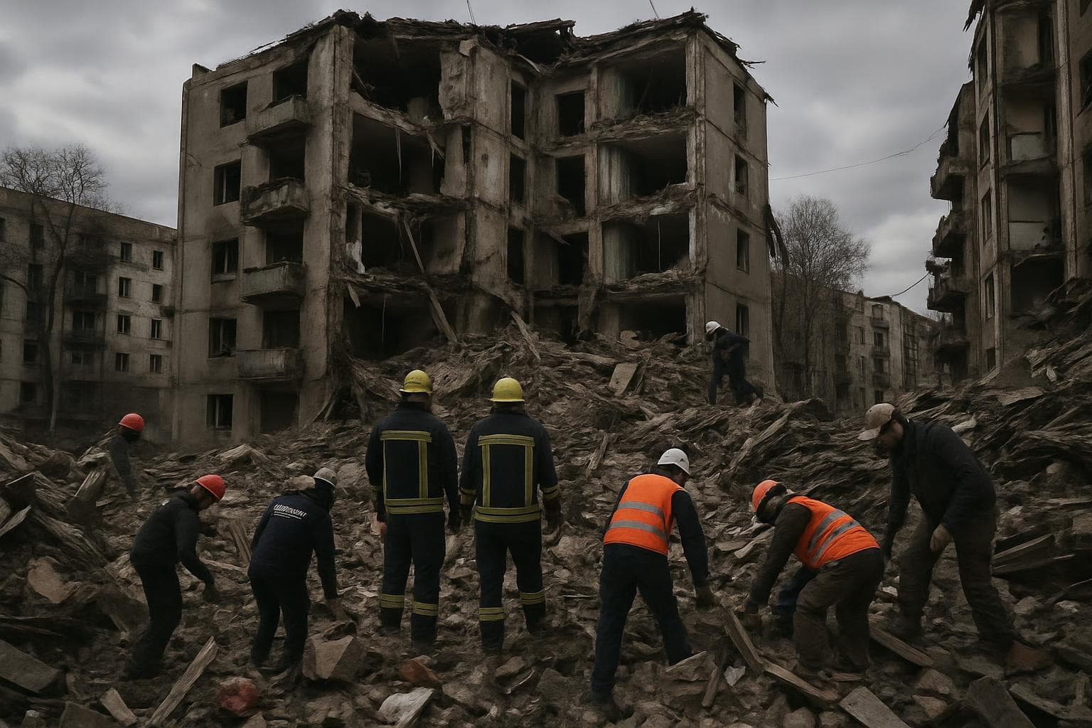 Rescuers searching through debris of a destroyed building