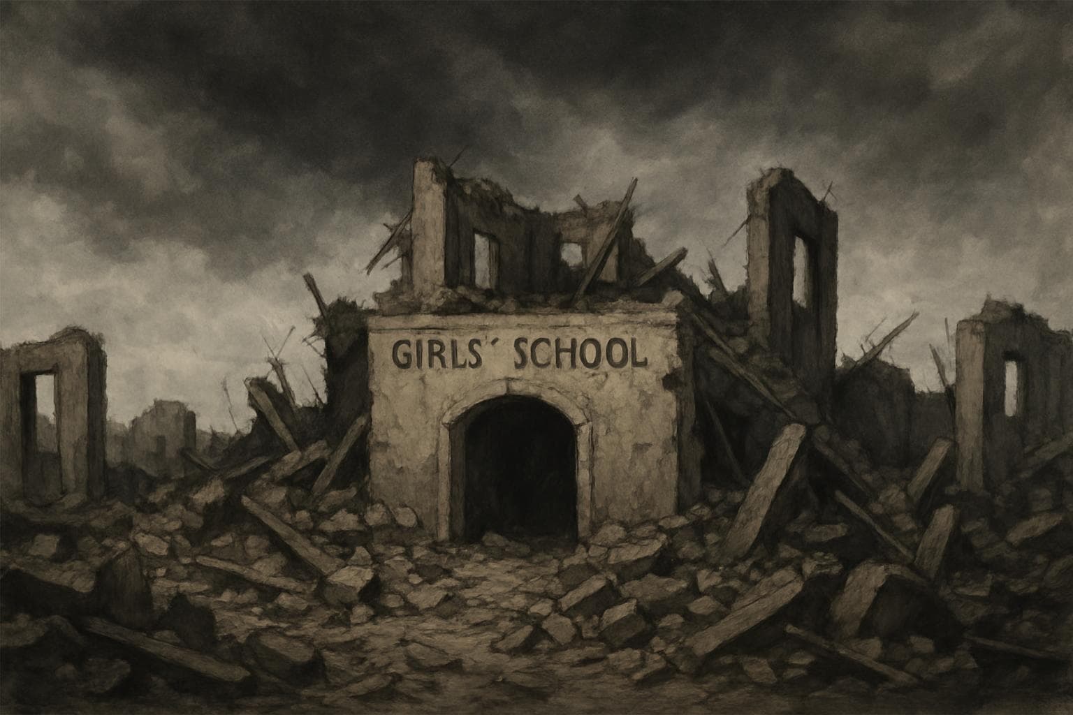 Destroyed girls' school under a somber sky