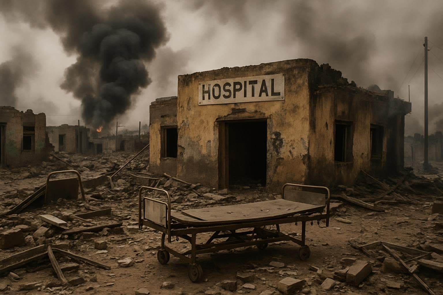 Devastated hospital in Sudan's West Kordofan with smoke rising