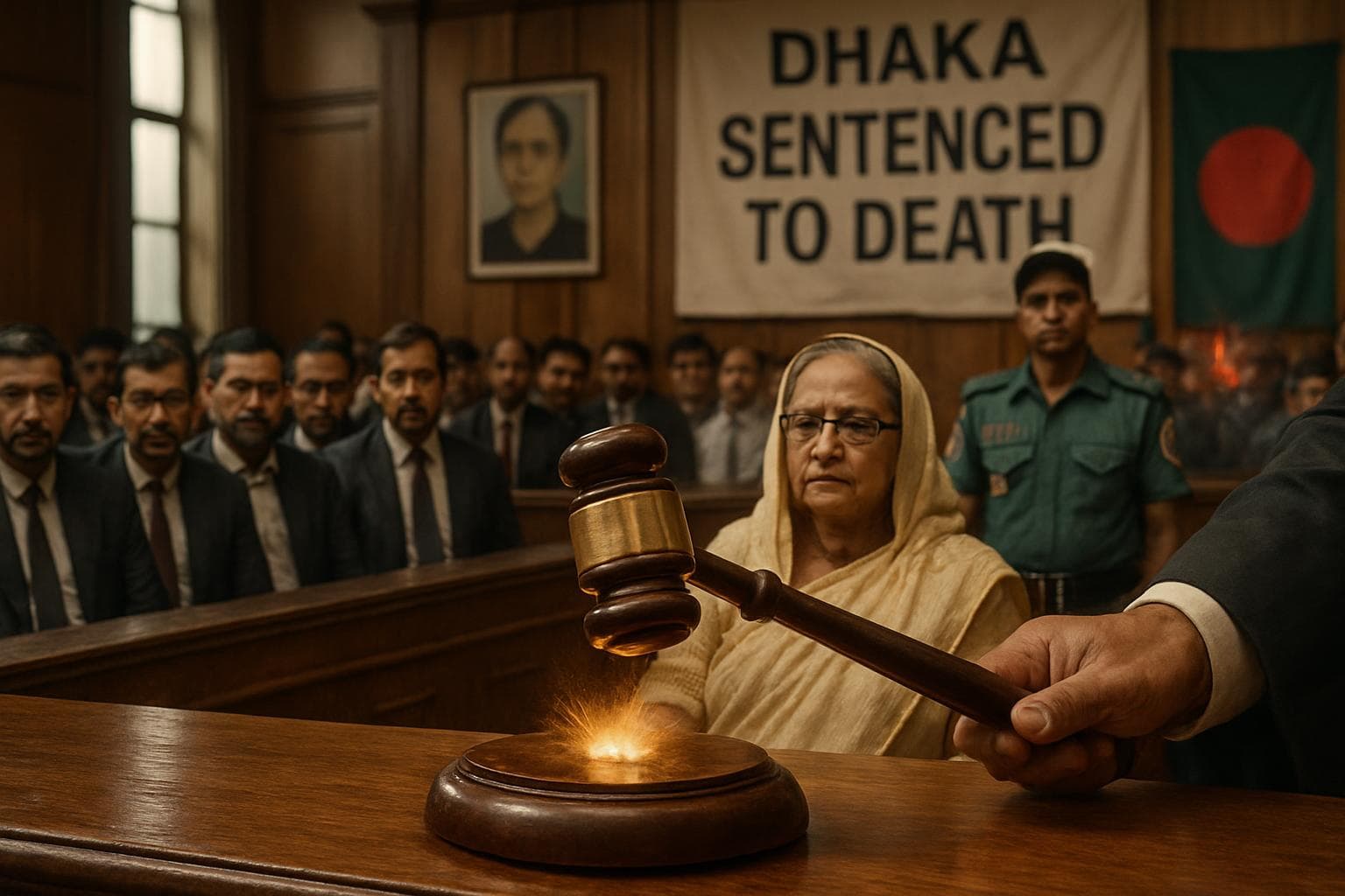 Courtroom in Dhaka with a gavel striking
