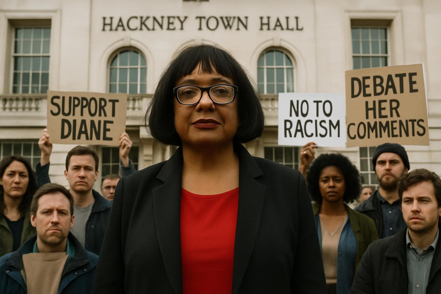 Diane Abbott standing in front of a crowd at Hackney Town Hall