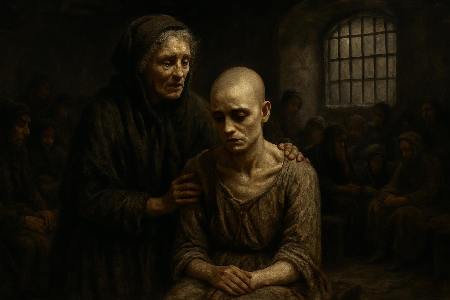 Older woman overseeing younger woman with shaven head in dim room