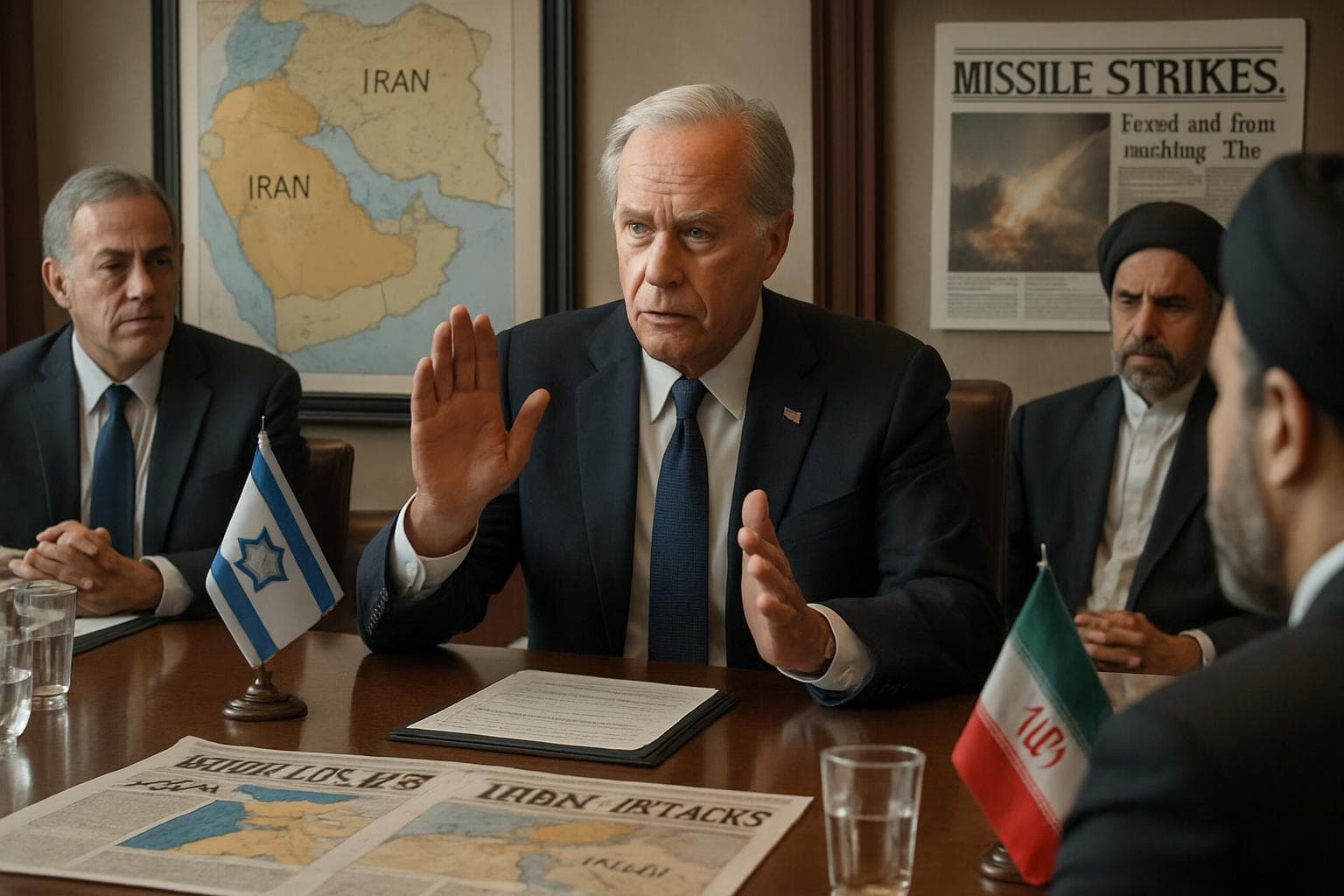 Leader advising restraint in diplomatic meeting room