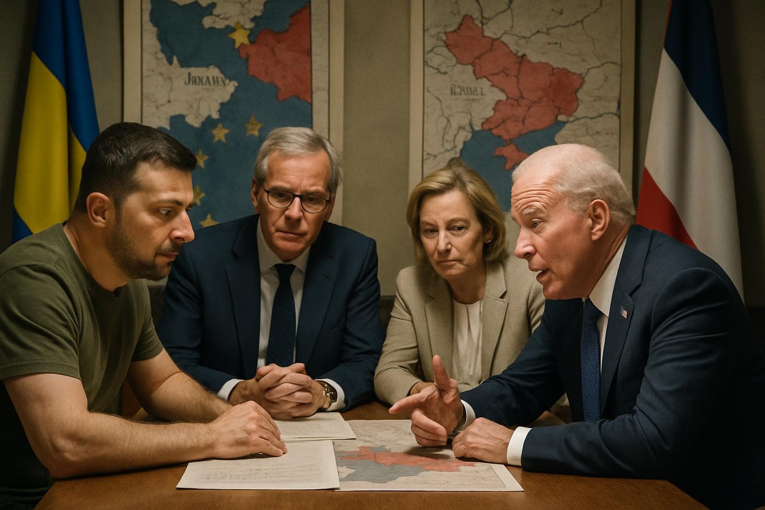 World leaders discussing around a table with maps in the background