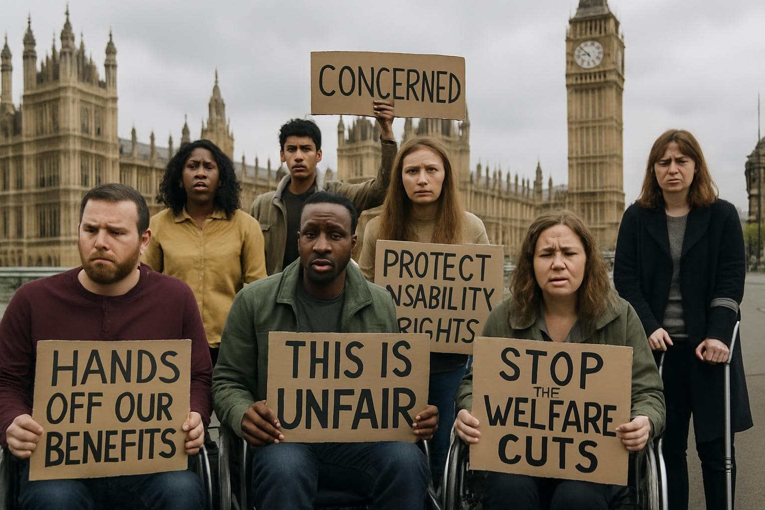 Diverse group with disabilities protesting outside UK Parliament