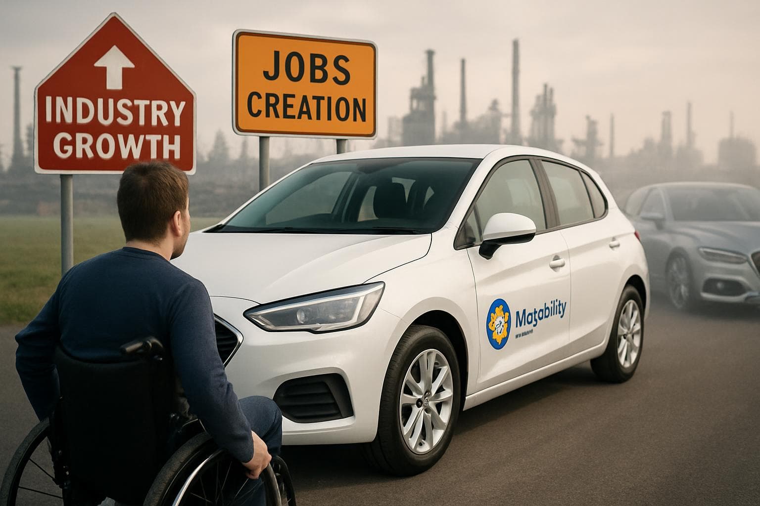 Disabled person viewing a British car with a Motability Scheme badge.
