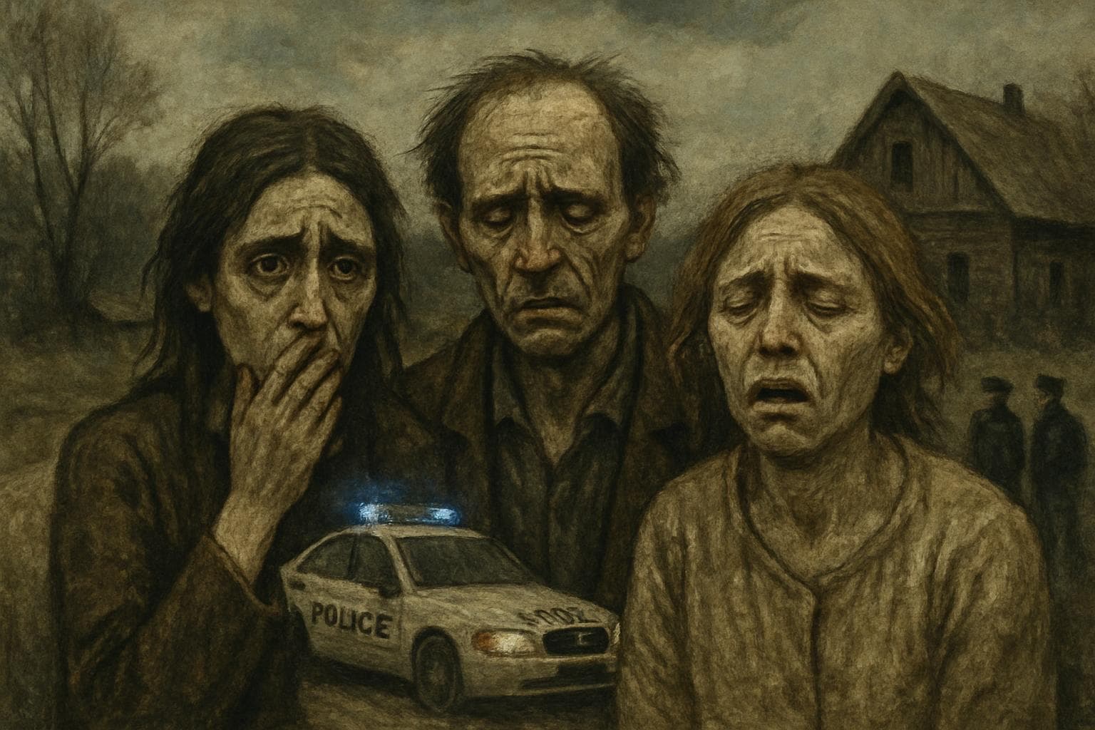 Three distressed figures in a rural setting with police in the background.
