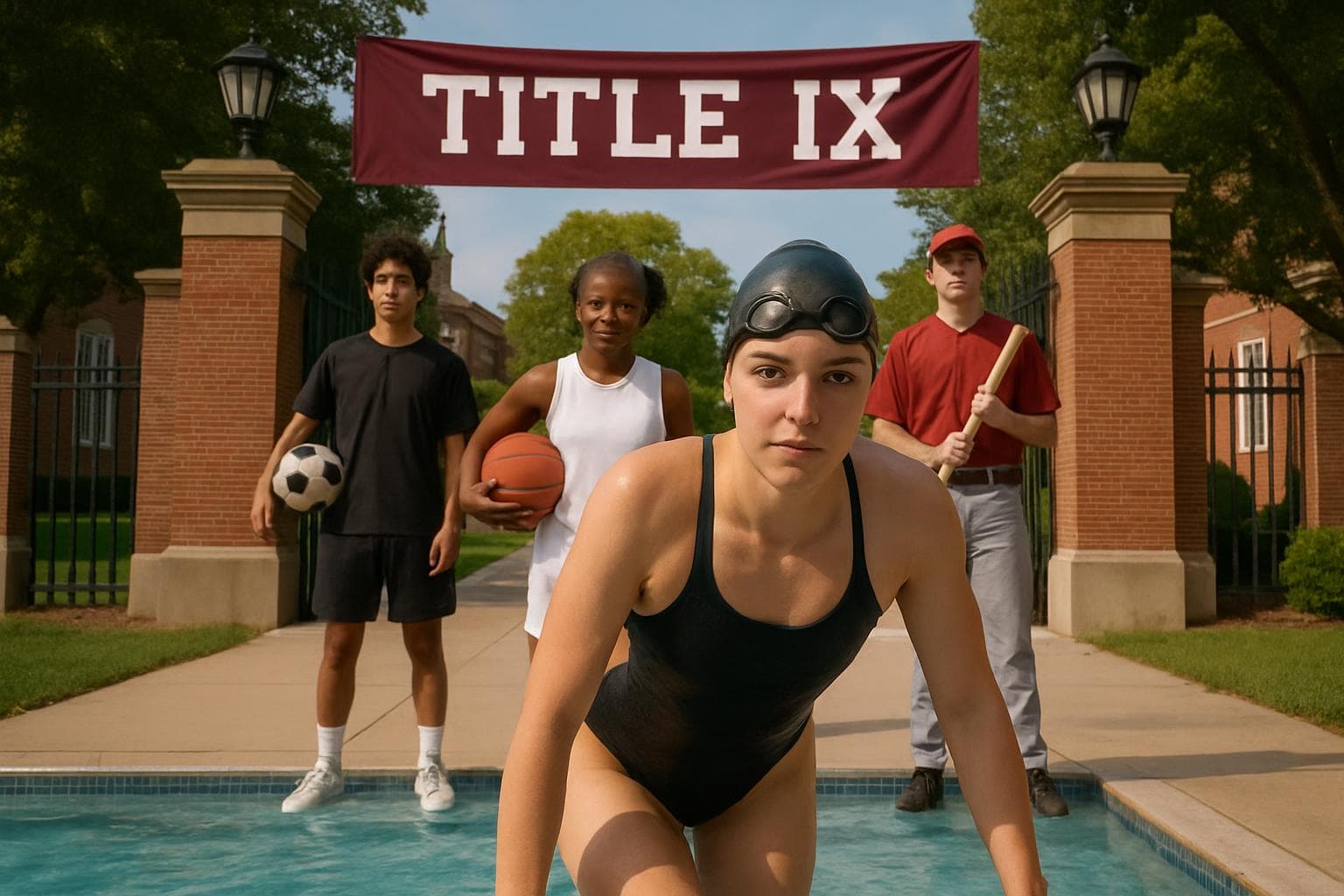 Diverse athletes with sports equipment on university campus