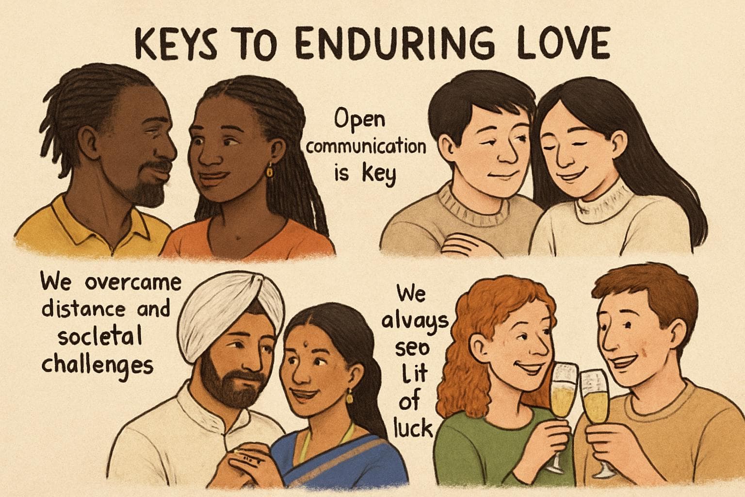 Diverse couples from around the world emphasizing communication and respect