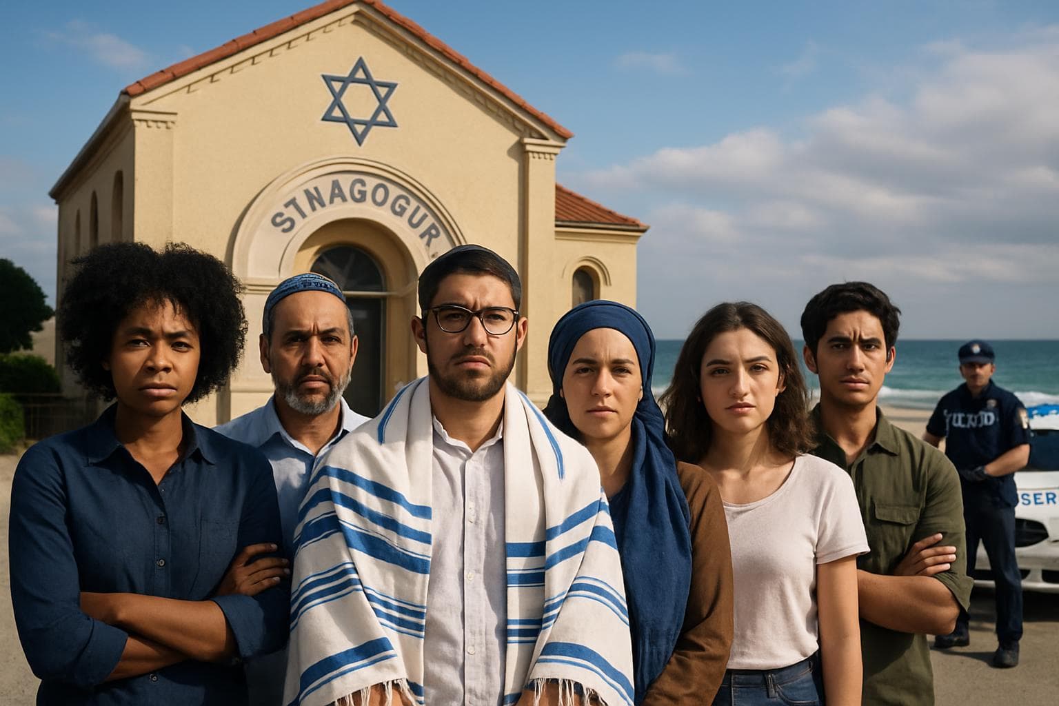 Diverse group standing united in front of a synagogue and beach