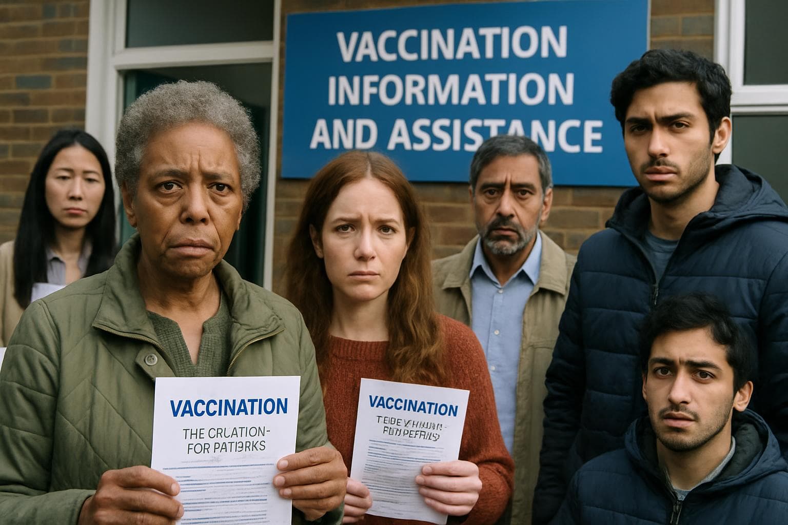 Diverse group in front of a UK clinic with vaccination sign