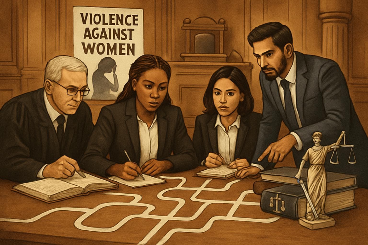 Diverse legal professionals strategizing in a courtroom setting