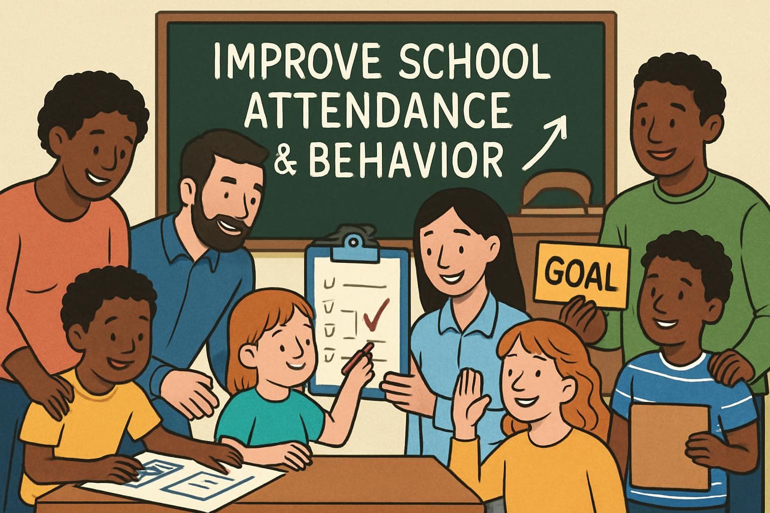 Diverse group of parents, teachers, and children working together